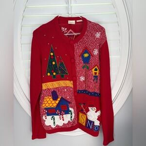 Bobbie Brooks UGLY  Christmas Sweater Large Cardigan Beaded, Sequins
